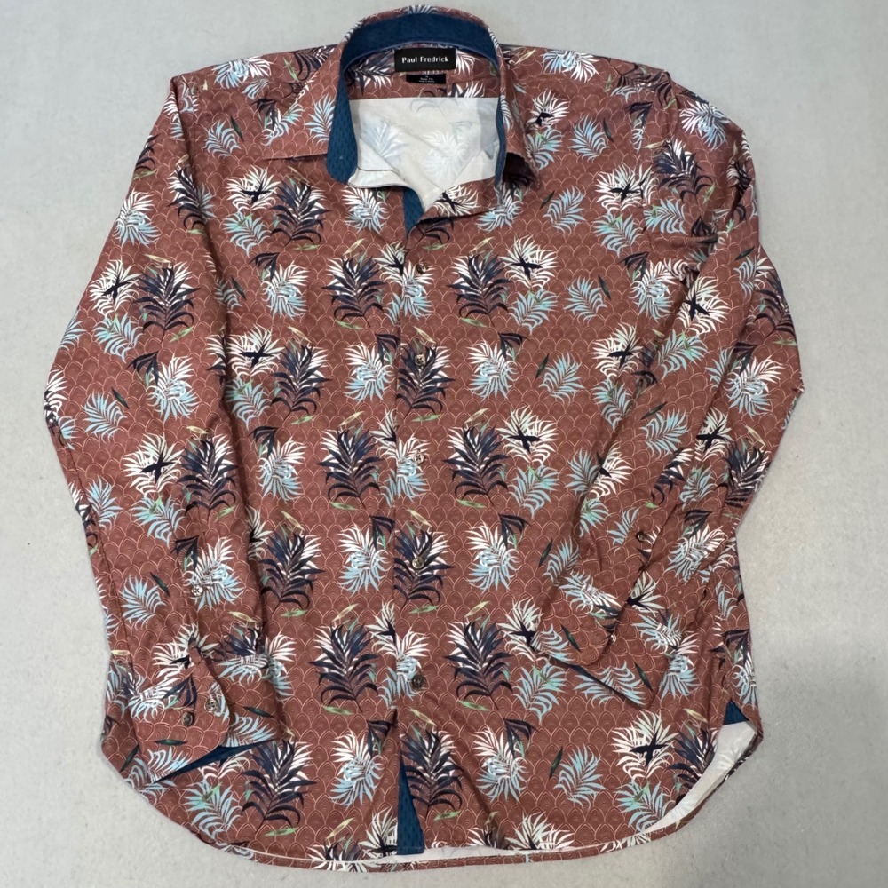 Paul Fredrick Button Down Shirt Mens M Rust Brown Tropical Palm Leaf Slim Fit